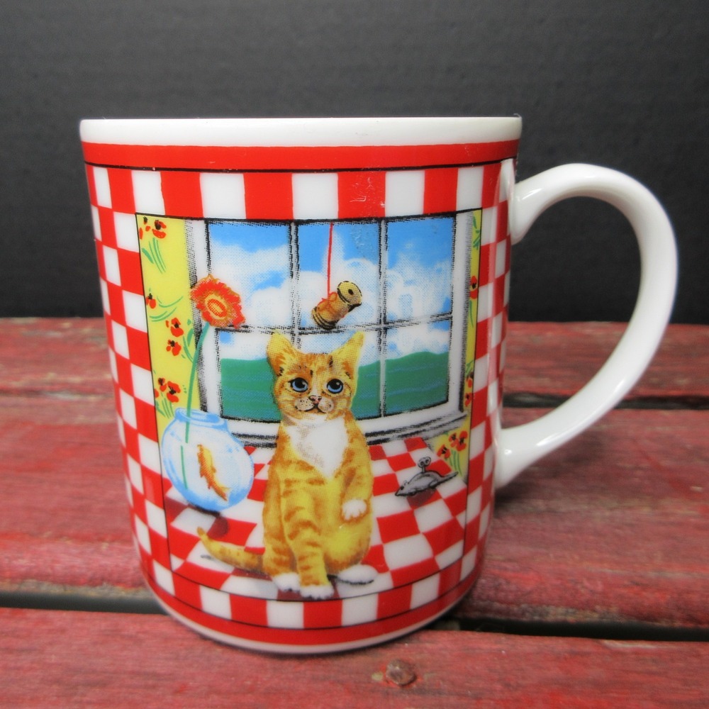 Vintage GHC Cat Mug Orange Tabby Goldfish Red White Checkered Kitchen Coffee Cup